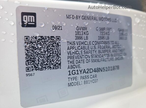 1G1YA2D48N5101878 2022 CHEVROLET CORVETTE Белый Вид наклейки с VIN-кодом