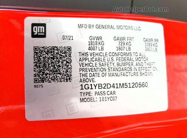 1G1YB2D41M5120560 2021 CHEVROLET CORVETTE Red Vista de la etiqueta del VIN