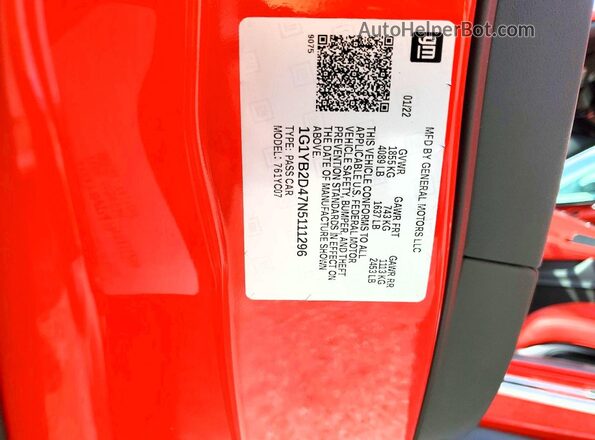 1G1YB2D47N5111296 2022 CHEVROLET CORVETTE Красный Вид наклейки с VIN-кодом