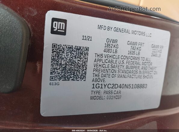 1G1YC2D40N5108883 2022 CHEVROLET CORVETTE Burgundy Engine compartment view
