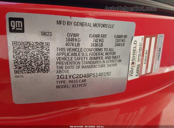 1G1YC2D48P5140192 2023 CHEVROLET CORVETTE Red ძრავის განყოფილების ხედი