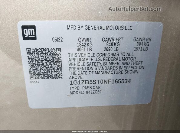 1G1ZB5ST0NF165534 2022 CHEVROLET MALIBU Champagne 