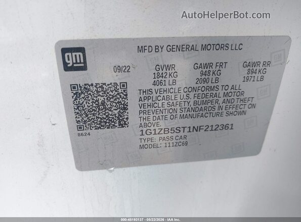 1G1ZB5ST1NF212361 2022 CHEVROLET MALIBU White Вид підкапотного простору