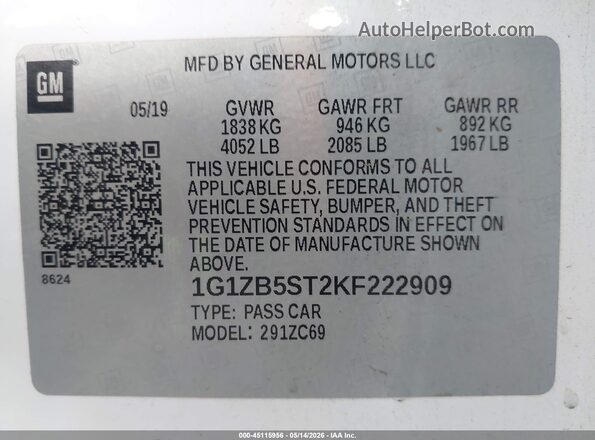 1G1ZB5ST2KF222909 2019 CHEVROLET MALIBU White Widok komory silnika