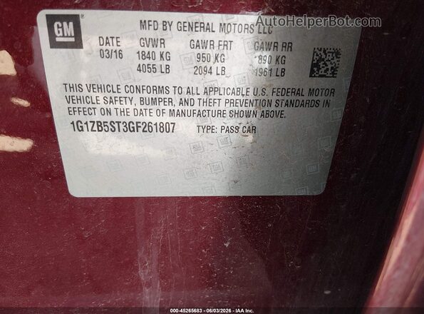 1G1ZB5ST3GF261807 2016 CHEVROLET MALIBU Бордовый Вид подкапотного пространства