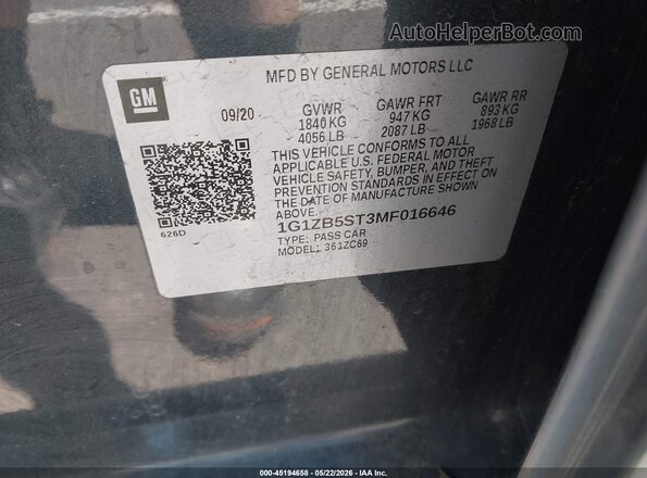 1G1ZB5ST3MF016646 2021 CHEVROLET MALIBU Black Вид підкапотного простору
