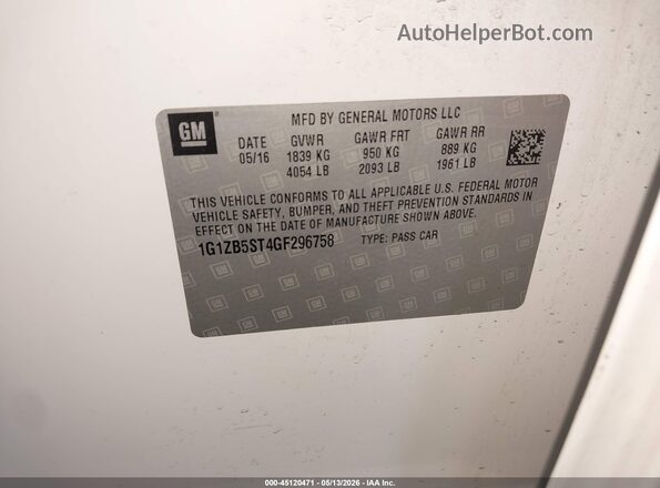 1G1ZB5ST4GF296758 2016 CHEVROLET MALIBU White Engine compartment view