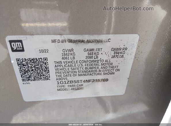 1G1ZB5ST4NF215769 2022 CHEVROLET MALIBU Gray Շարժիչի բաժամունքի տեսք