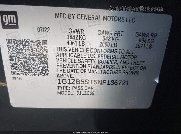1G1ZB5ST5NF186721 2022 CHEVROLET MALIBU Black Vista del compartimento del motor