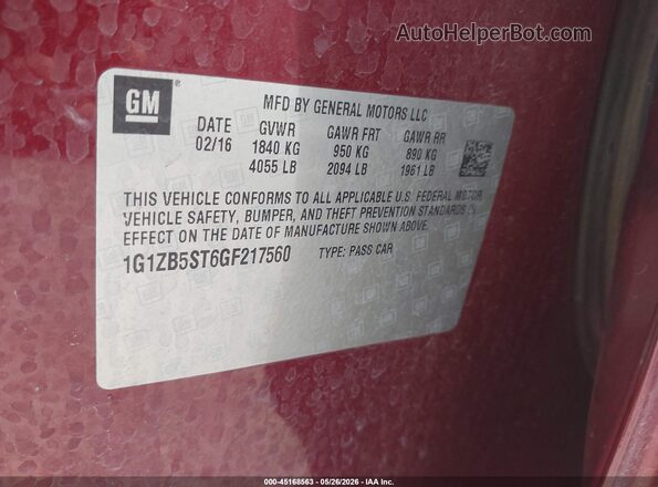 1G1ZB5ST6GF217560 2016 CHEVROLET MALIBU Maroon 