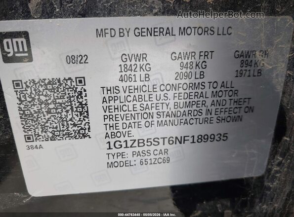 1G1ZB5ST6NF189935 2022 CHEVROLET MALIBU Black Շարժիչի բաժամունքի տեսք