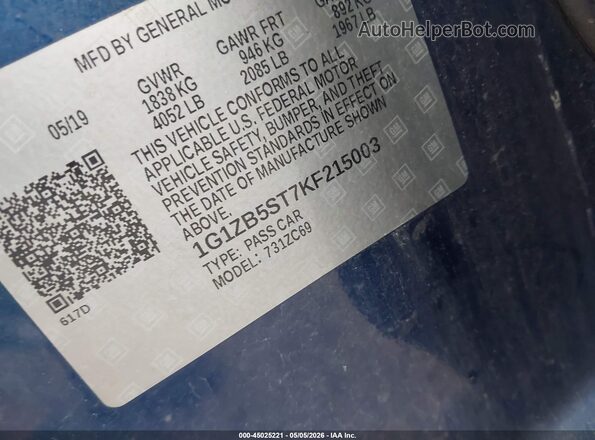 1G1ZB5ST7KF215003 2019 CHEVROLET MALIBU Blue Widok komory silnika