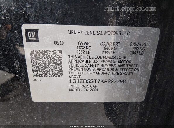 1G1ZB5ST7KF227796 2019 CHEVROLET MALIBU Black Vista del compartimento del motor