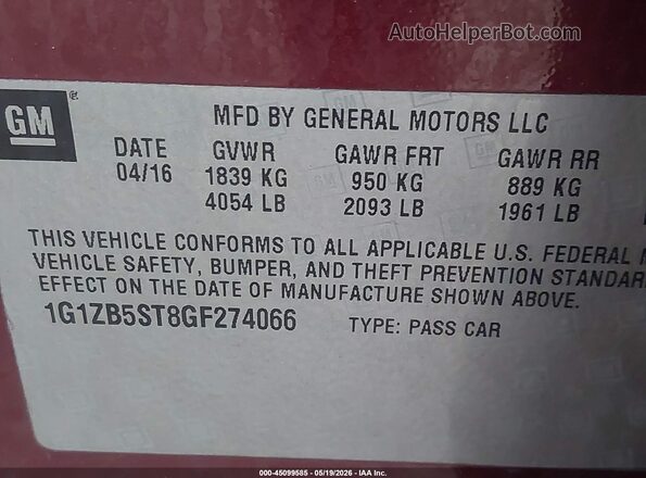 1G1ZB5ST8GF274066 2016 CHEVROLET MALIBU Burgundy 