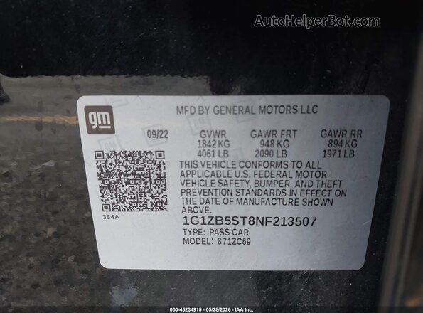 1G1ZB5ST8NF213507 2022 CHEVROLET MALIBU Black Engine compartment view