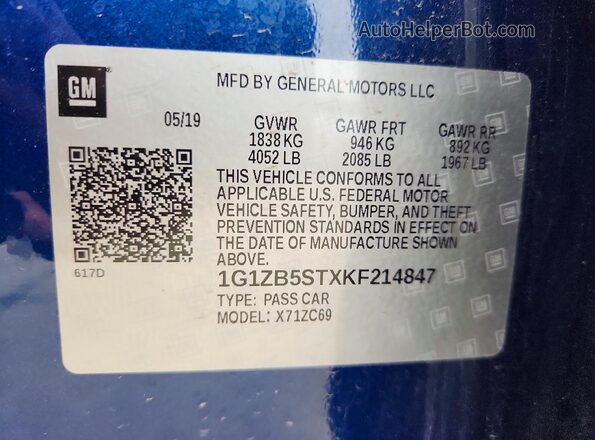 1G1ZB5STXKF214847 2019 CHEVROLET MALIBU Blue Вид підкапотного простору