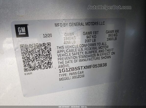 1G1ZB5STXMF053838 2021 CHEVROLET MALIBU Silver Շարժիչի բաժամունքի տեսք