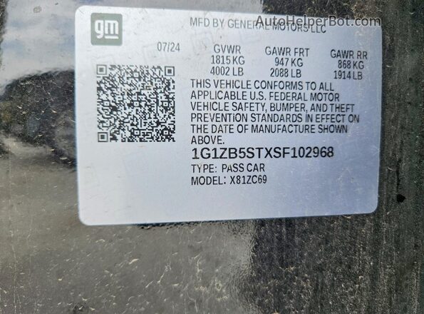 1G1ZB5STXSF102968 2025 CHEVROLET MALIBU Black Widok naklejki z numerem VIN