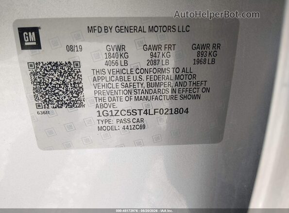1G1ZC5ST4LF021804 2020 CHEVROLET MALIBU Gray Widok komory silnika