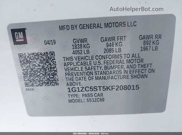 1G1ZC5ST5KF208015 2019 CHEVROLET MALIBU White Vista del compartimento del motor