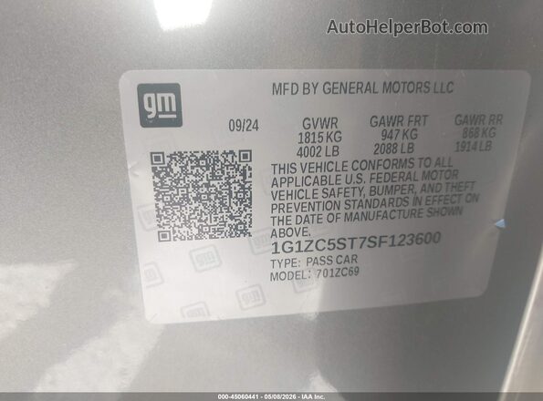1G1ZC5ST7SF123600 2025 CHEVROLET MALIBU Silver 