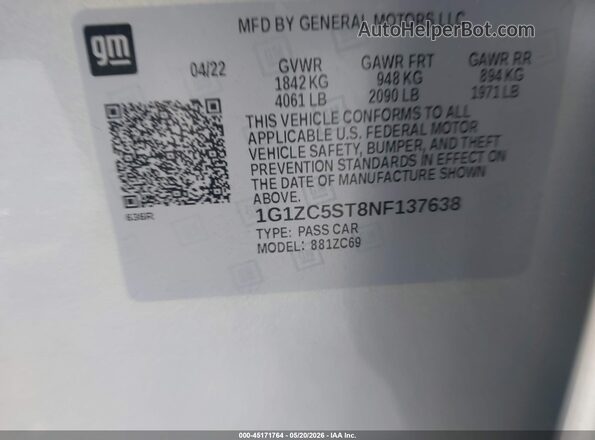 1G1ZC5ST8NF137638 2022 CHEVROLET MALIBU Silver Widok komory silnika