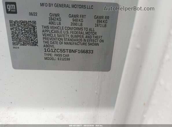 1G1ZC5ST8NF166833 2022 CHEVROLET MALIBU White Вид підкапотного простору