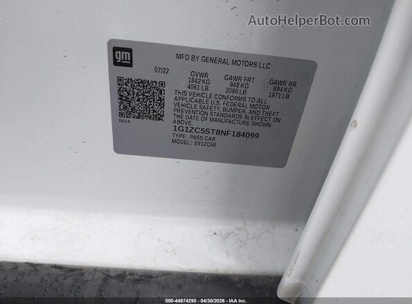 1G1ZC5ST8NF184099 2022 CHEVROLET MALIBU White ძრავის განყოფილების ხედი