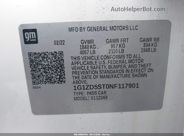 1G1ZD5ST0NF117901 2022 CHEVROLET MALIBU White Շարժիչի բաժամունքի տեսք