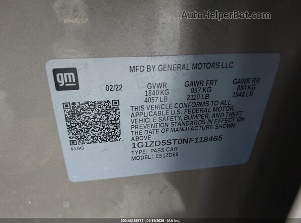 1G1ZD5ST0NF118465 2022 CHEVROLET MALIBU Beige Vista del compartimento del motor