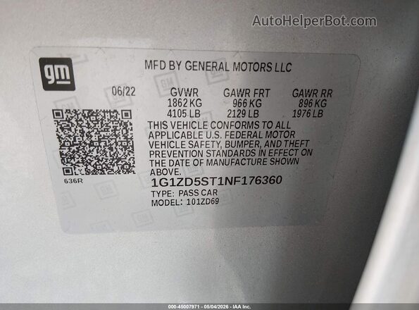 1G1ZD5ST1NF176360 2022 CHEVROLET MALIBU Silver 