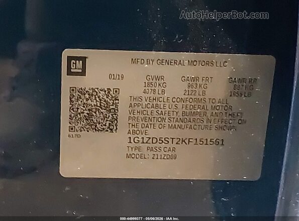 1G1ZD5ST2KF151561 2019 CHEVROLET MALIBU Blue 