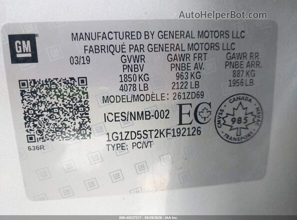 1G1ZD5ST2KF192126 2019 CHEVROLET MALIBU Silver ძრავის განყოფილების ხედი