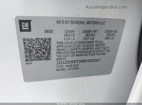 1G1ZD5ST2MF003087 2021 CHEVROLET MALIBU Белый Вид подкапотного пространства