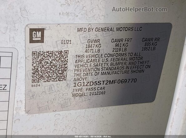 1G1ZD5ST2MF069770 2021 CHEVROLET MALIBU White ძრავის განყოფილების ხედი