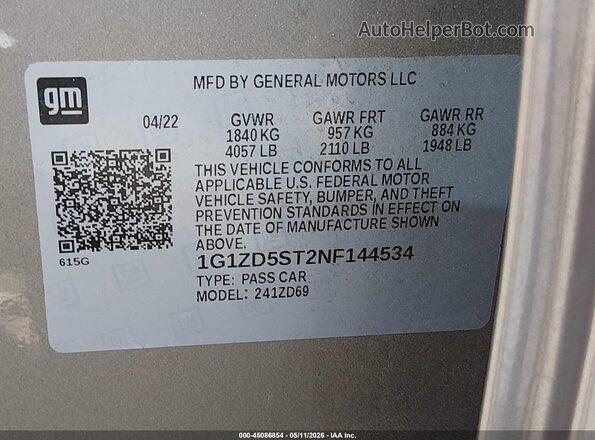 1G1ZD5ST2NF144534 2022 CHEVROLET MALIBU Brown Vista del compartimento del motor