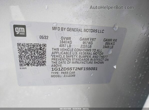 1G1ZD5ST2NF155081 2022 CHEVROLET MALIBU Gray ძრავის განყოფილების ხედი