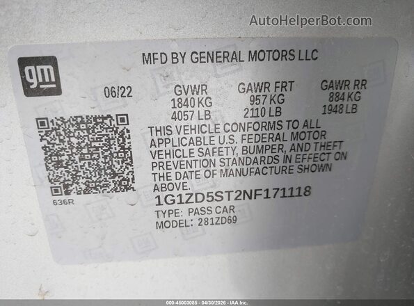 1G1ZD5ST2NF171118 2022 CHEVROLET MALIBU Silver Շարժիչի բաժամունքի տեսք