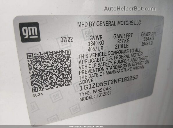 1G1ZD5ST2NF183253 2022 CHEVROLET MALIBU White Widok komory silnika