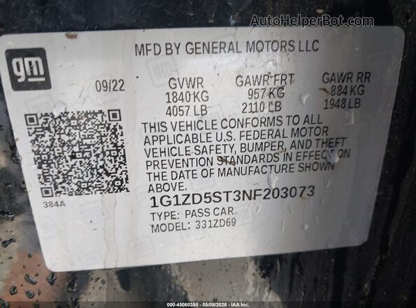 1G1ZD5ST3NF203073 2022 CHEVROLET MALIBU Black Widok komory silnika