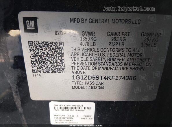 1G1ZD5ST4KF174386 2019 CHEVROLET MALIBU Black Engine compartment view