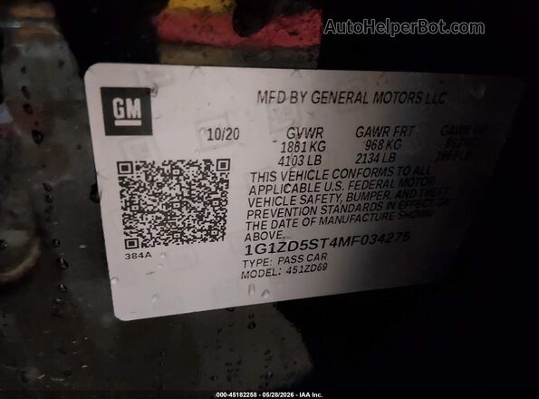 1G1ZD5ST4MF034275 2021 CHEVROLET MALIBU Black Vista del compartimento del motor