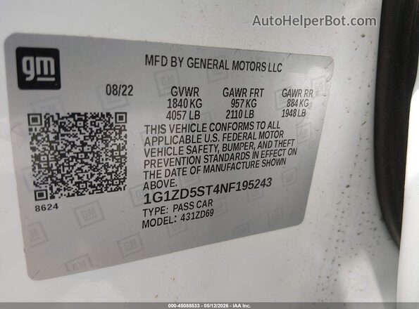 1G1ZD5ST4NF195243 2022 CHEVROLET MALIBU White Widok komory silnika