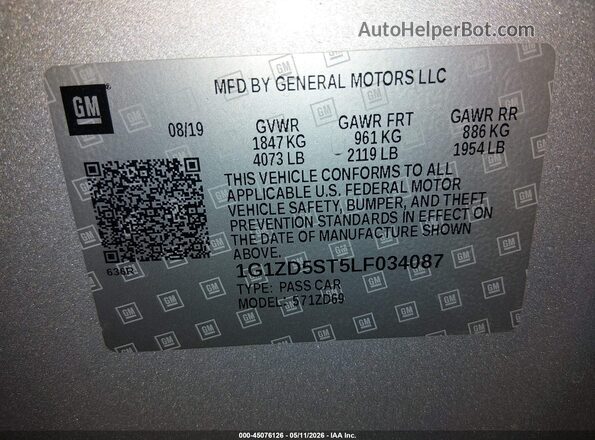 1G1ZD5ST5LF034087 2020 CHEVROLET MALIBU Gray ძრავის განყოფილების ხედი
