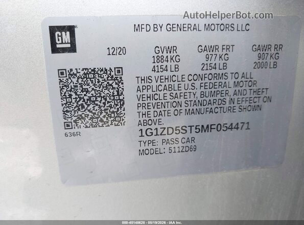 1G1ZD5ST5MF054471 2021 CHEVROLET MALIBU Silver Vista del compartimento del motor