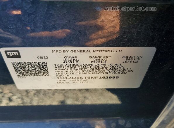 1G1ZD5ST6NF162955 2022 CHEVROLET MALIBU Blue VIN კოდის სტიკერის ხედი