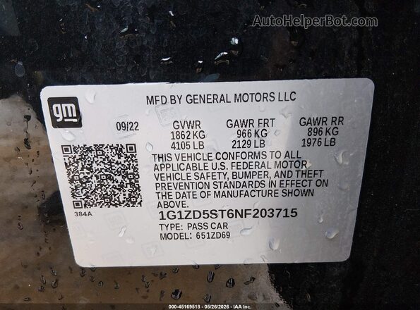 1G1ZD5ST6NF203715 2022 CHEVROLET MALIBU Black 