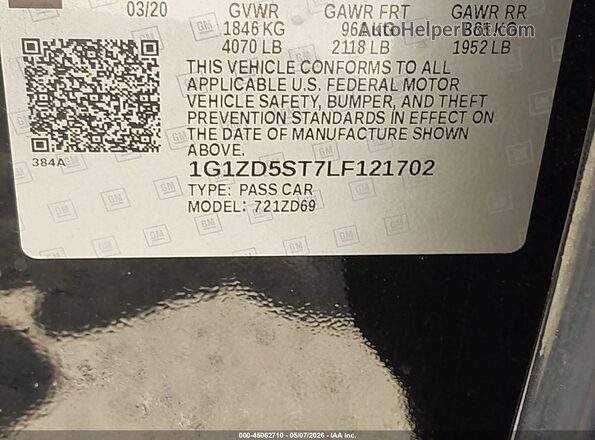 1G1ZD5ST7LF121702 2020 CHEVROLET MALIBU Черный 