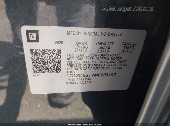 1G1ZD5ST7MF009192 2021 CHEVROLET MALIBU Gray Вид підкапотного простору