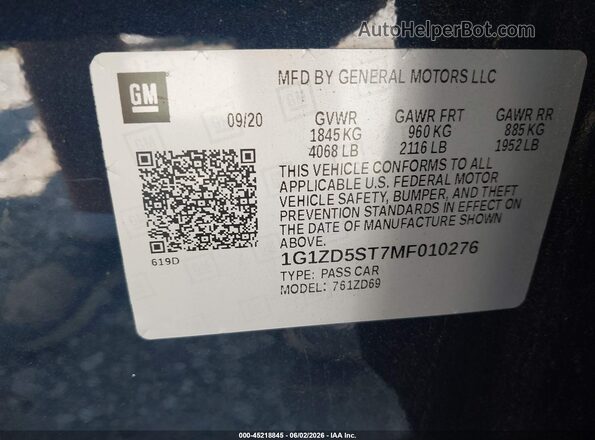 1G1ZD5ST7MF010276 2021 CHEVROLET MALIBU Blue ძრავის განყოფილების ხედი